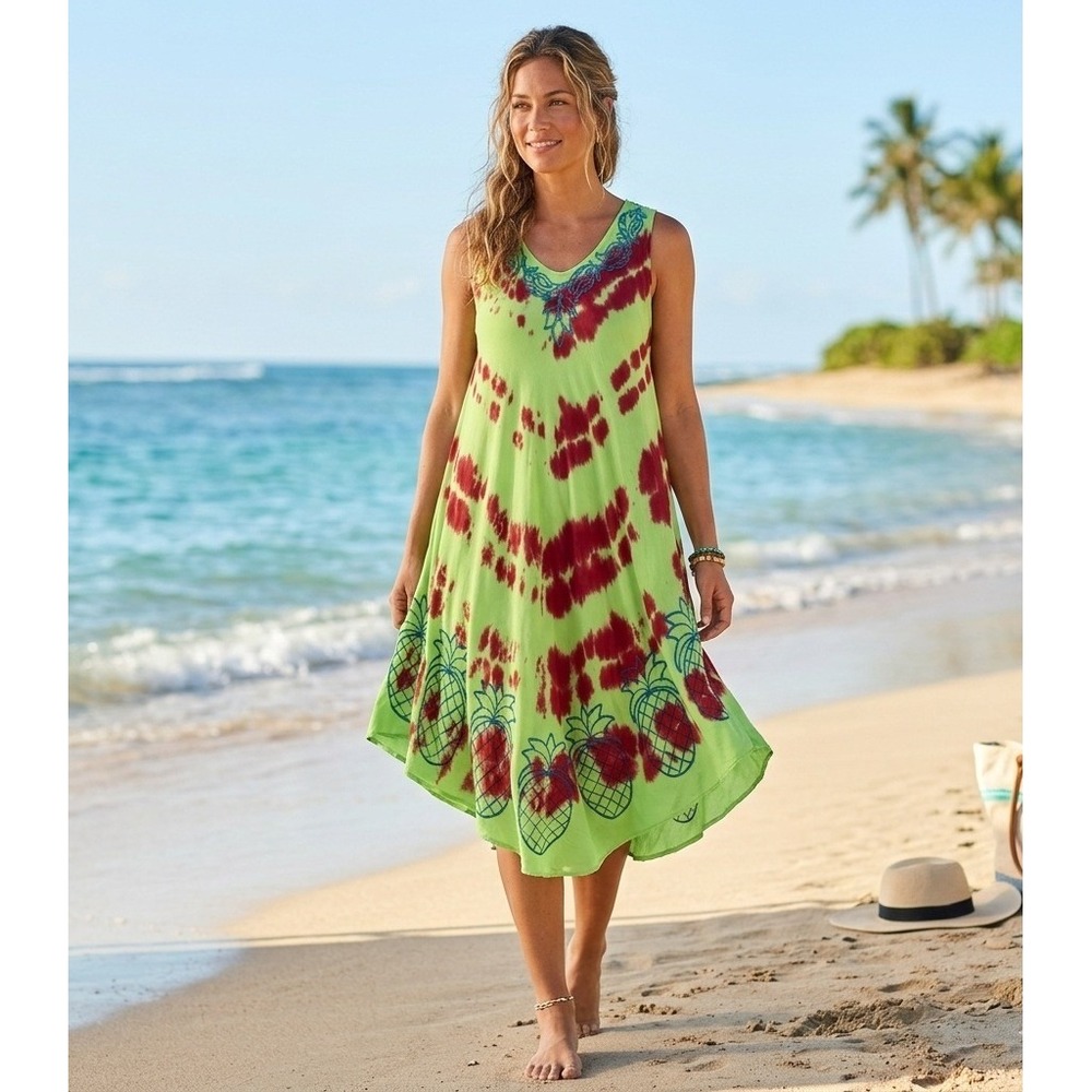 Jessica Taylor Tie Dye‎ Pineapple Embroidered Sharkbite Maxi Dress Green Red OS